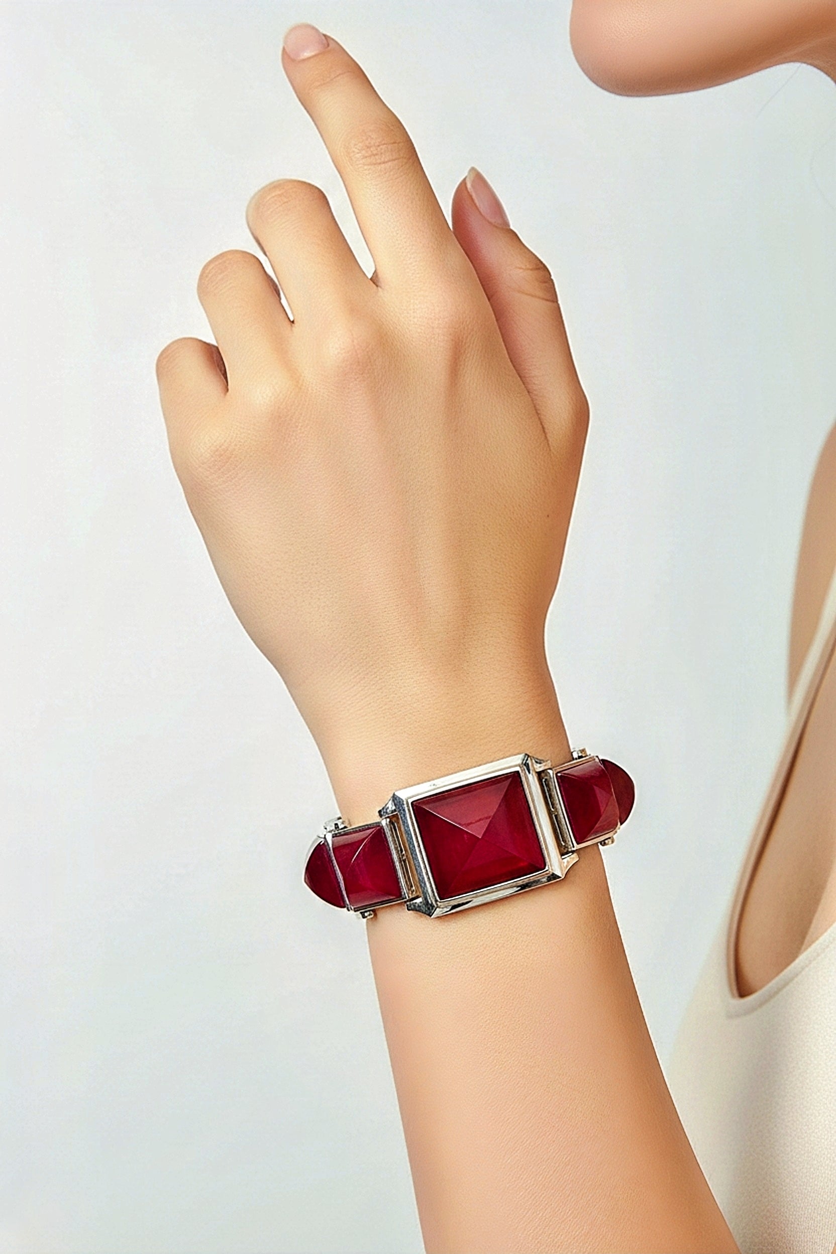 Sterling Silver Red Corundum Geometric Bracelet