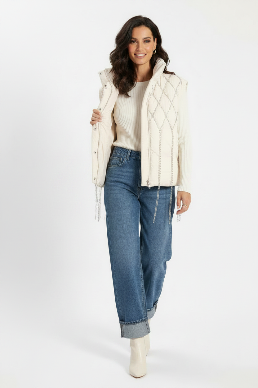 Ivory Jeweled Puffer Vest