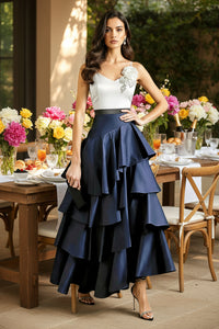 Long Navy Ruffle Tiered Skirt