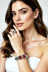 Sterling Silver Ruby Flower Ring and Cuff Bracelet