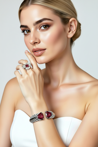 Sterling Silver Ruby Flower Ring and Cuff Bracelet
