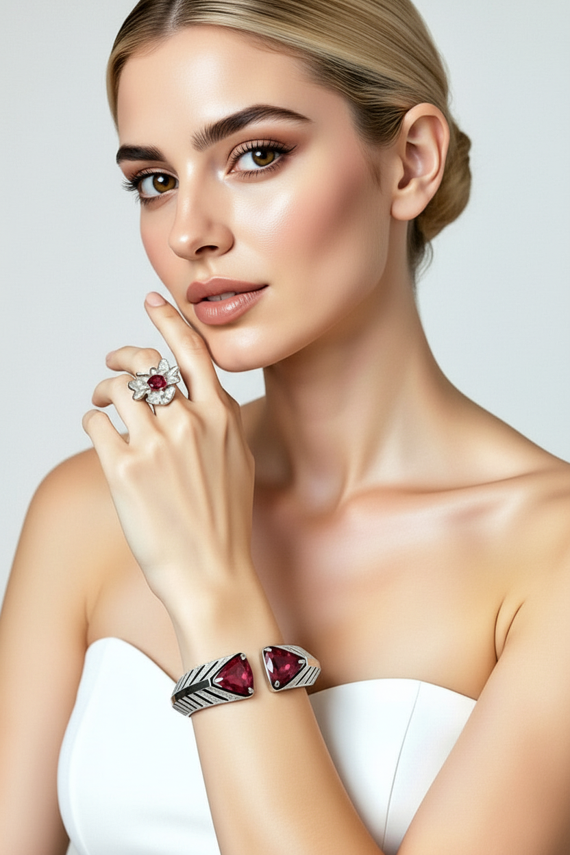 Sterling Silver Ruby Flower Ring and Cuff Bracelet