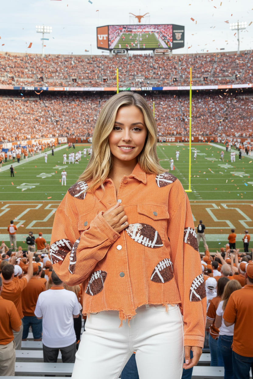 Burnt Orange Corduroy Sequin Football Jacket