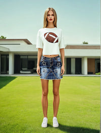White Sequin Football Crop Top- Short Sleeve T-shirt