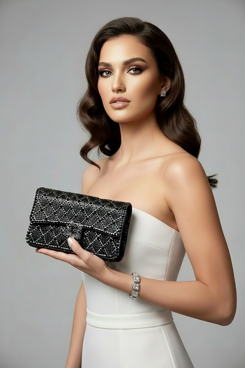 Black Crystal Clutch and Sterling Silver Tennis Bracelet