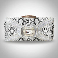 Gray Snakeskin Crystal Embellished Bow Clutch