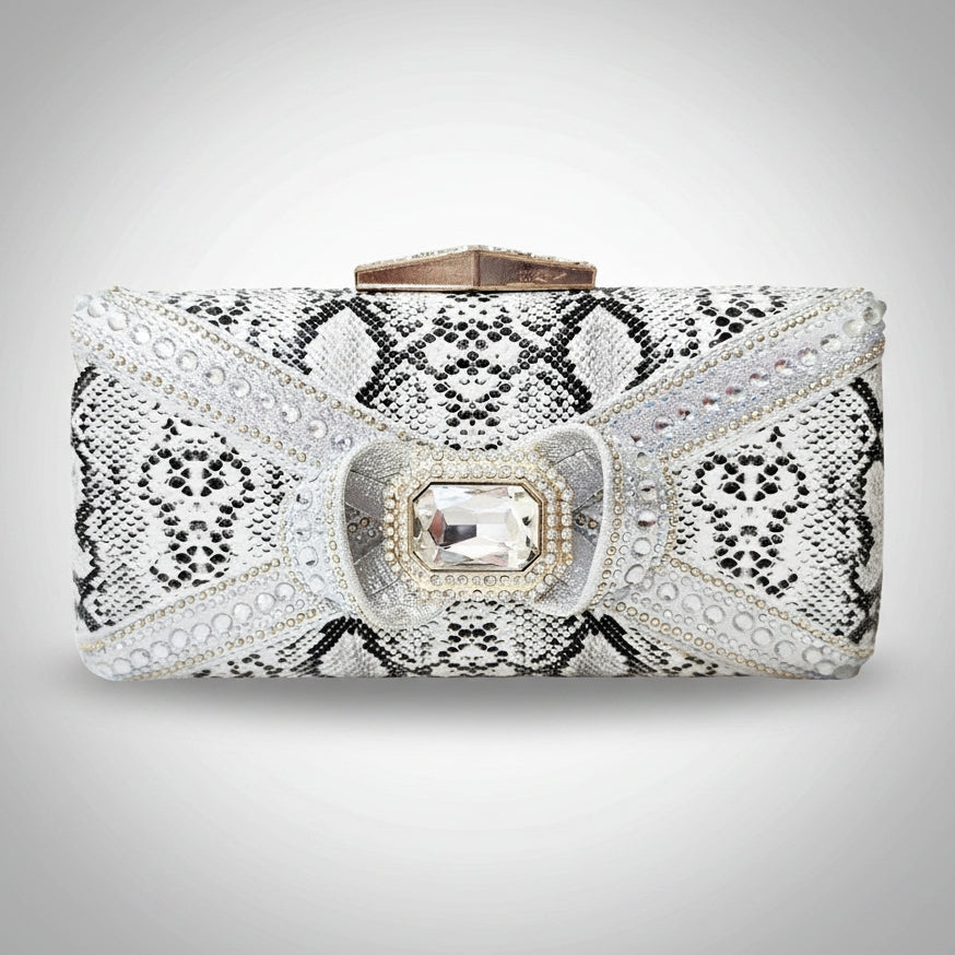 Gray Snakeskin Crystal Embellished Bow Clutch