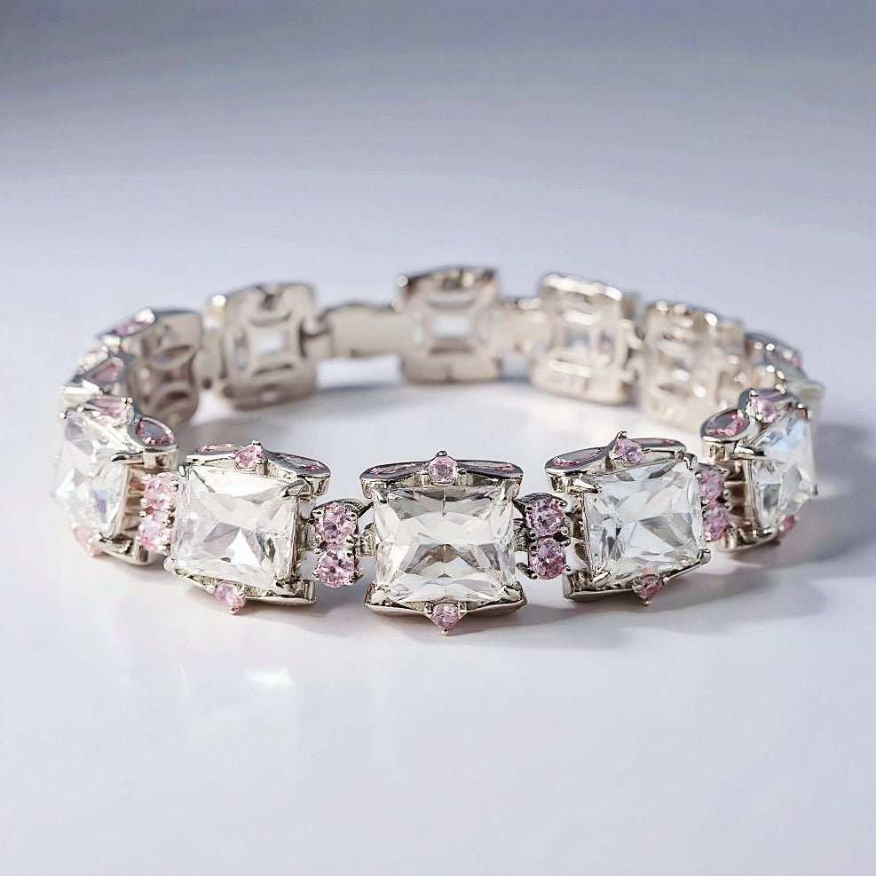 Sterling Silver Radiant Cut Pink and White Sapphire Bracelet