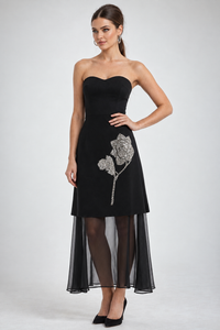 Black Beaded Silver Flower Embellished Skirt
