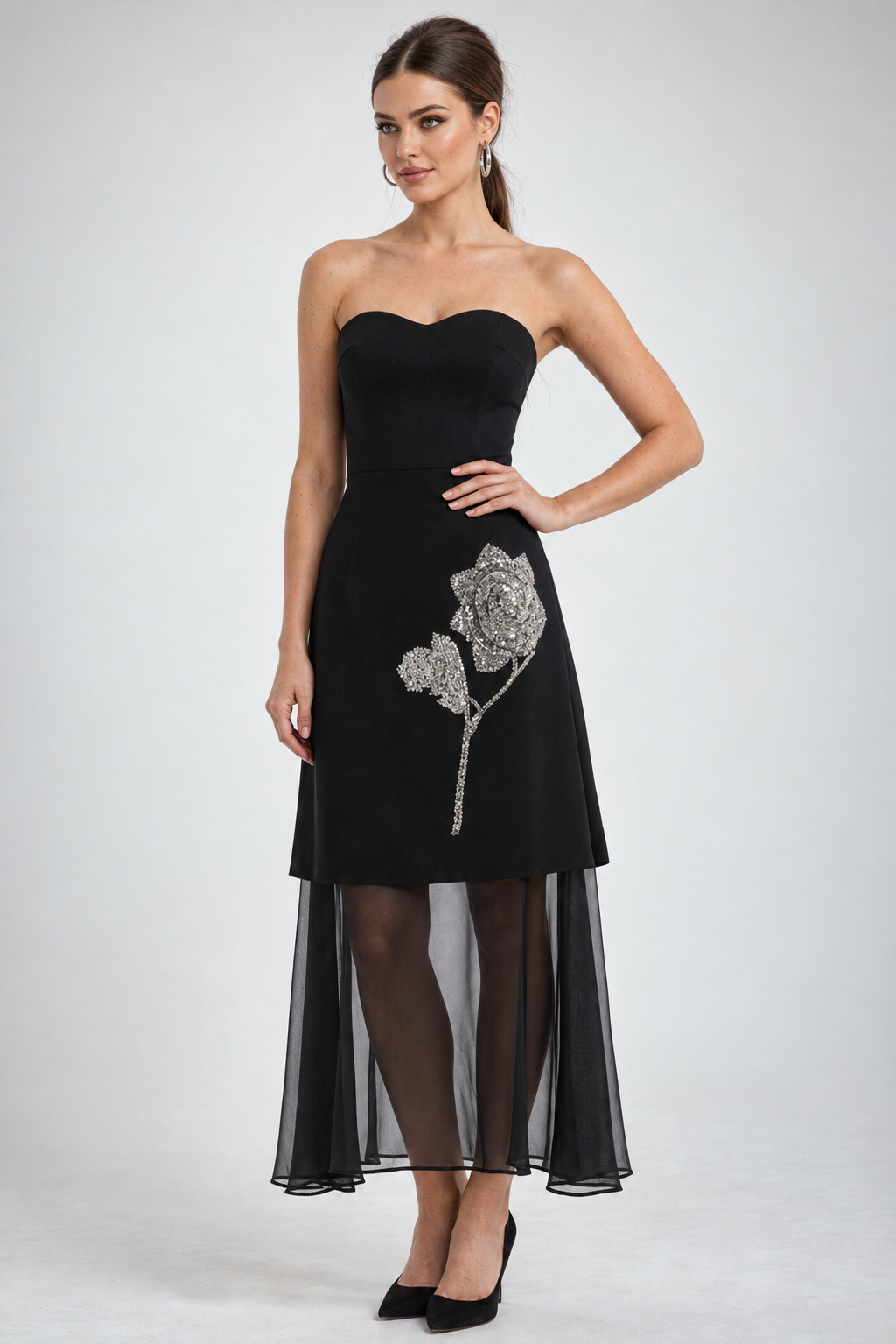 Black Beaded Silver Flower Embellished Skirt