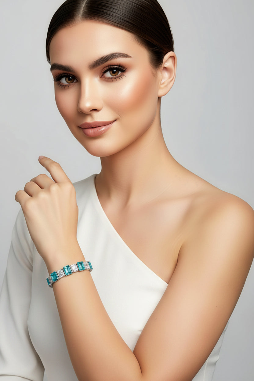 Sterling Silver Paraiba Tourmaline Diamond Tennis Bracelet