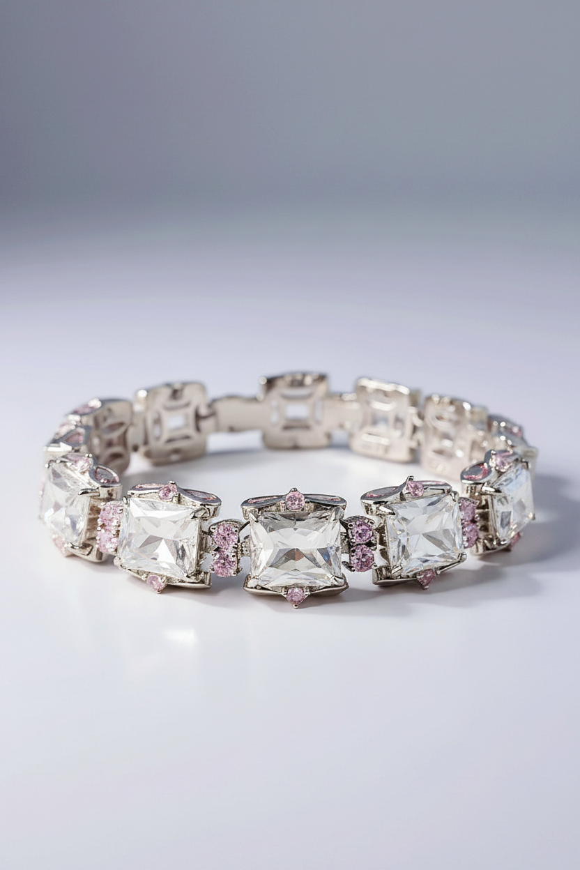Sterling Silver Radiant Cut Pink and White Sapphire Bracelet
