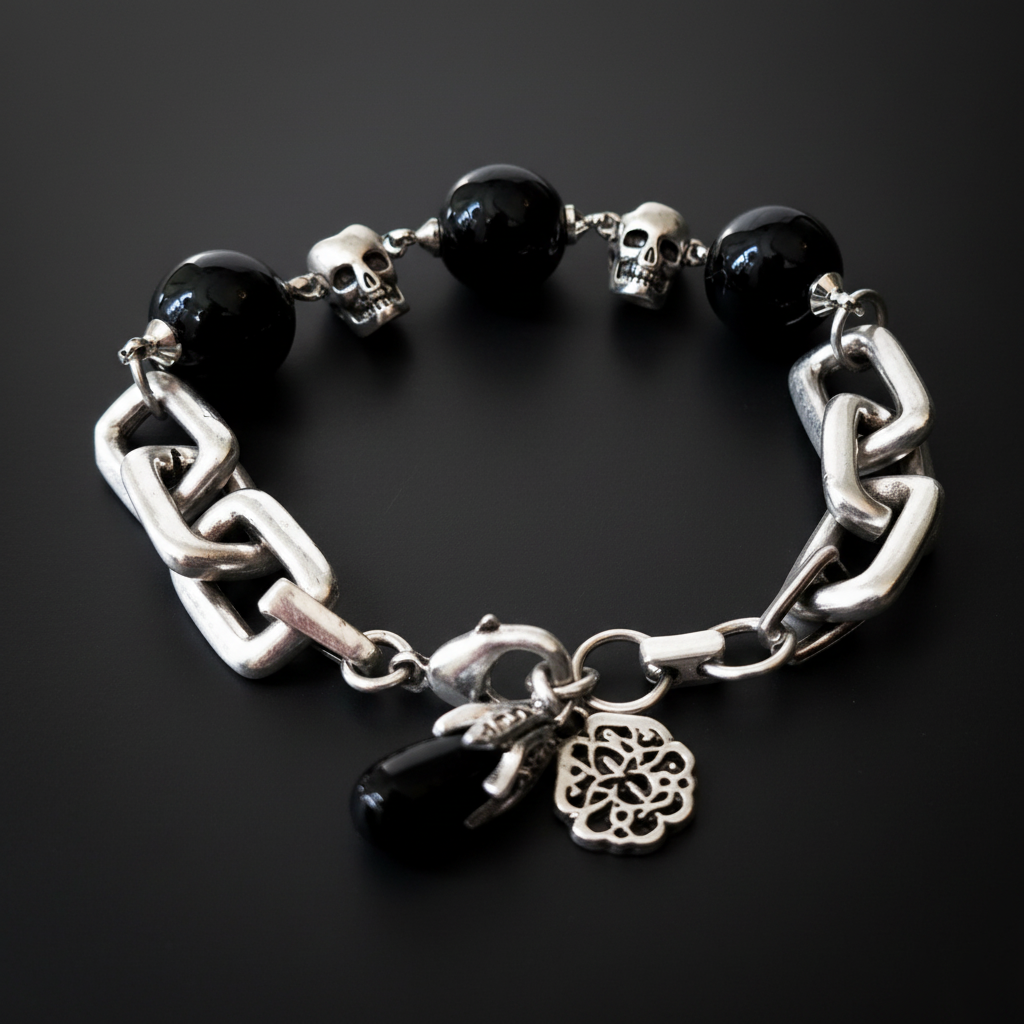 Silver and Black Skull Bracelet