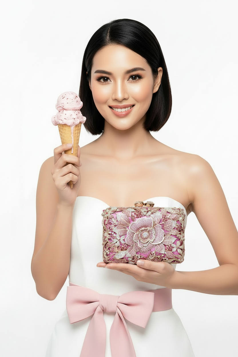Pink and Gold Floral Crystal Clutch