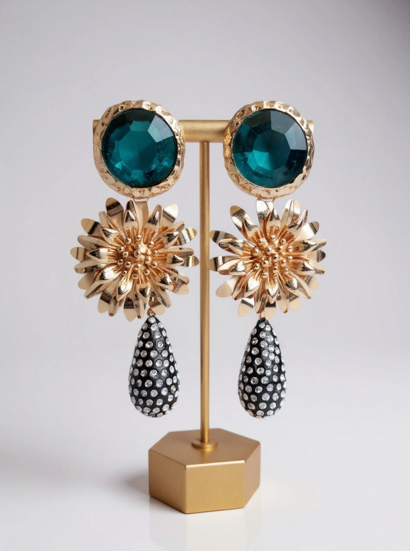 Teal Gold Dangle Earrings