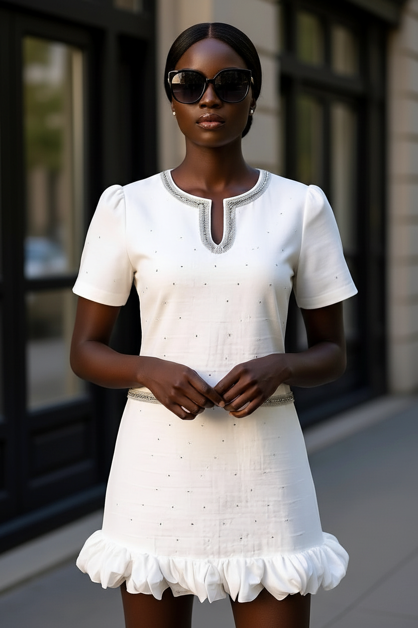 Silver Embellished Ivory Mini Dress