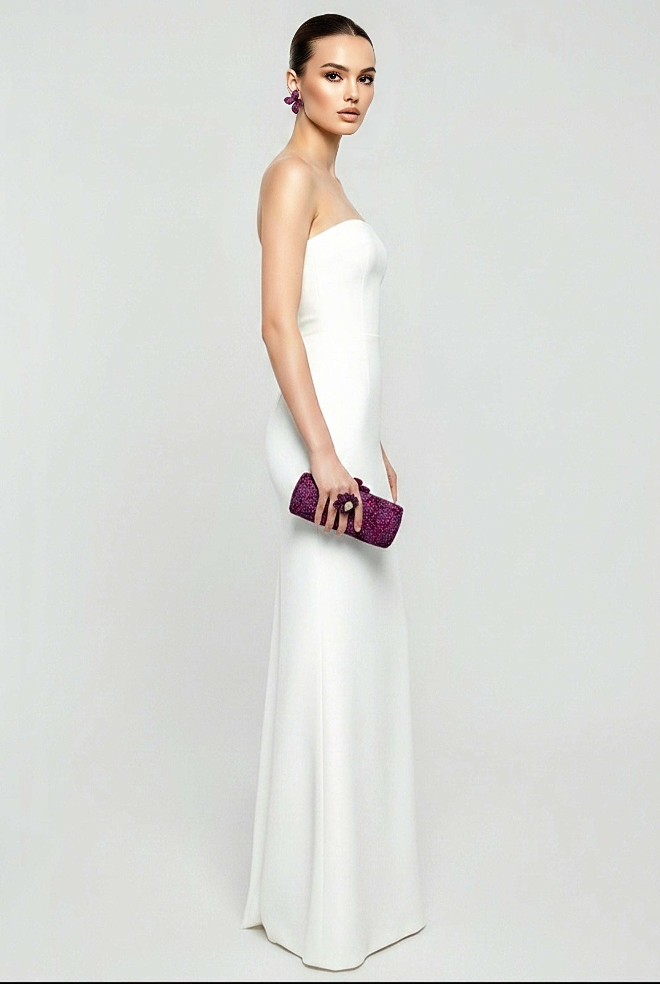 Fuchsia Pink Crystal Clutch, Sterling Silver Pave Orchid Ring and Earrings