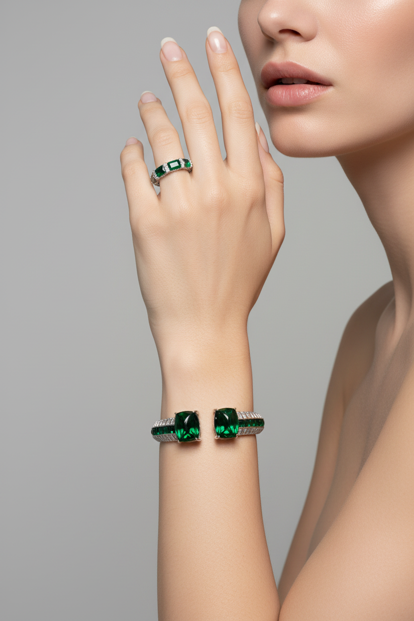 Sterling Silver Emerald Ring and Cuff Bracelet