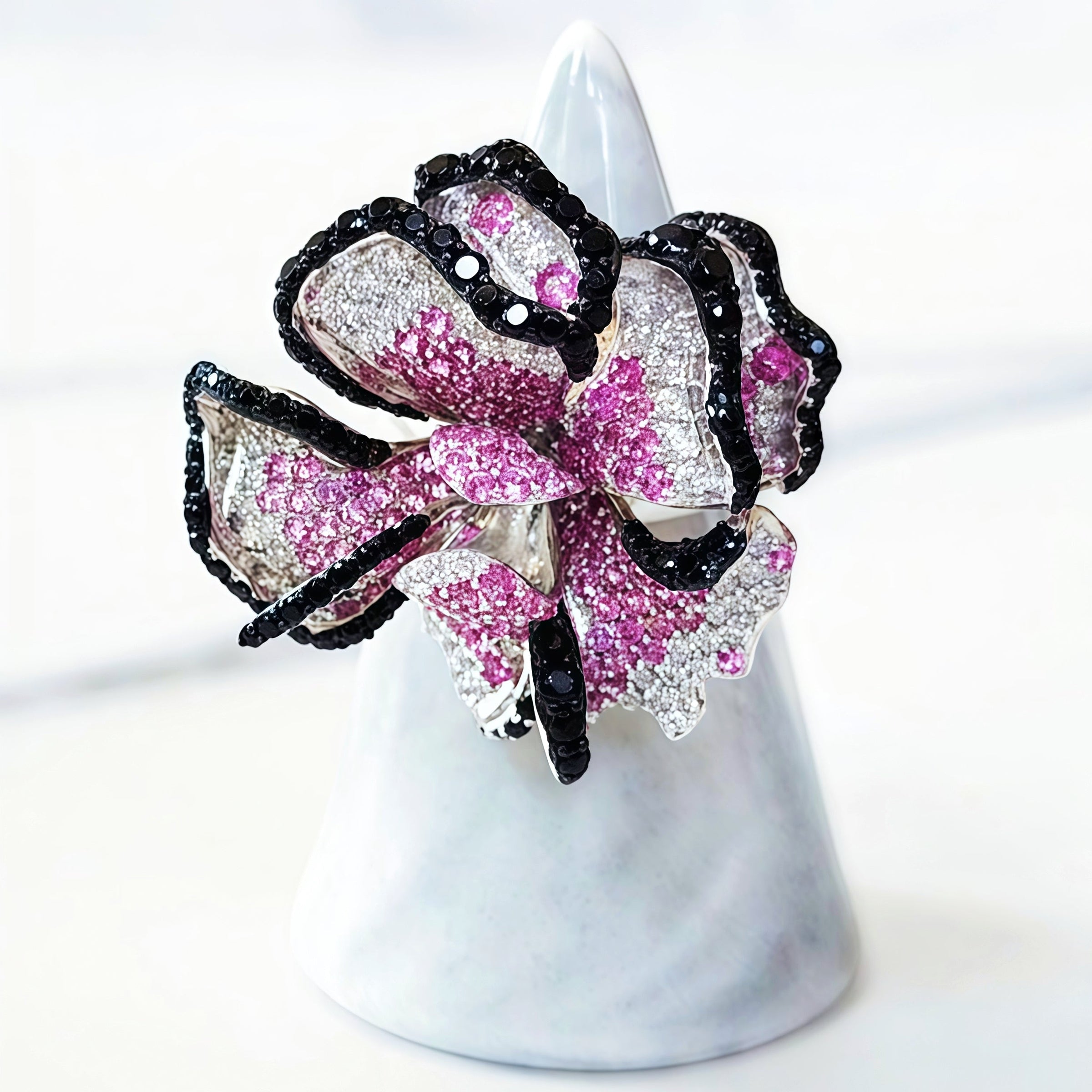 Sterling Silver Pink and Black Pave Flower Ring