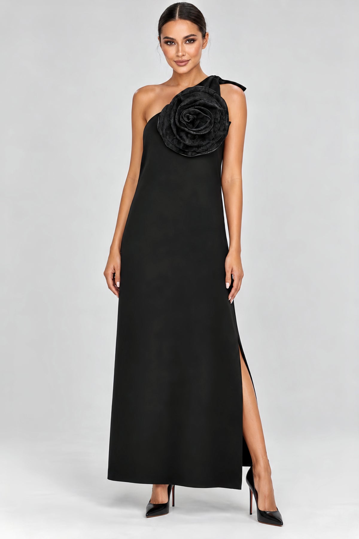 Black 3D Flower One Shoulder Maxi Dress
