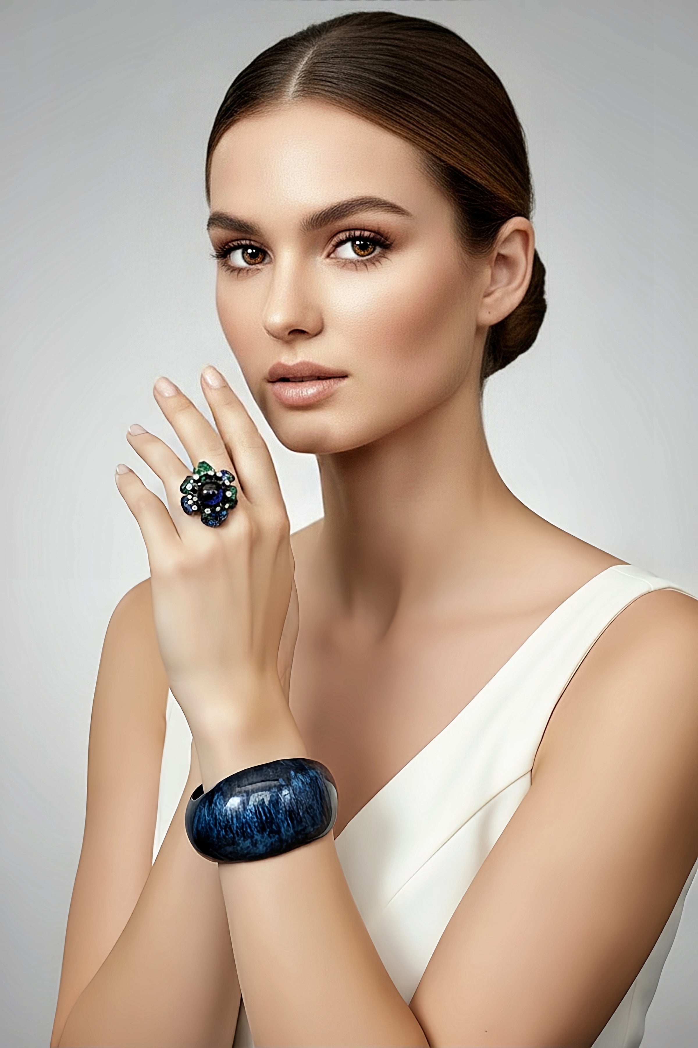 Navy Blue Bangle, Sterling Silver Blue and Green Sapphire Flower Ring