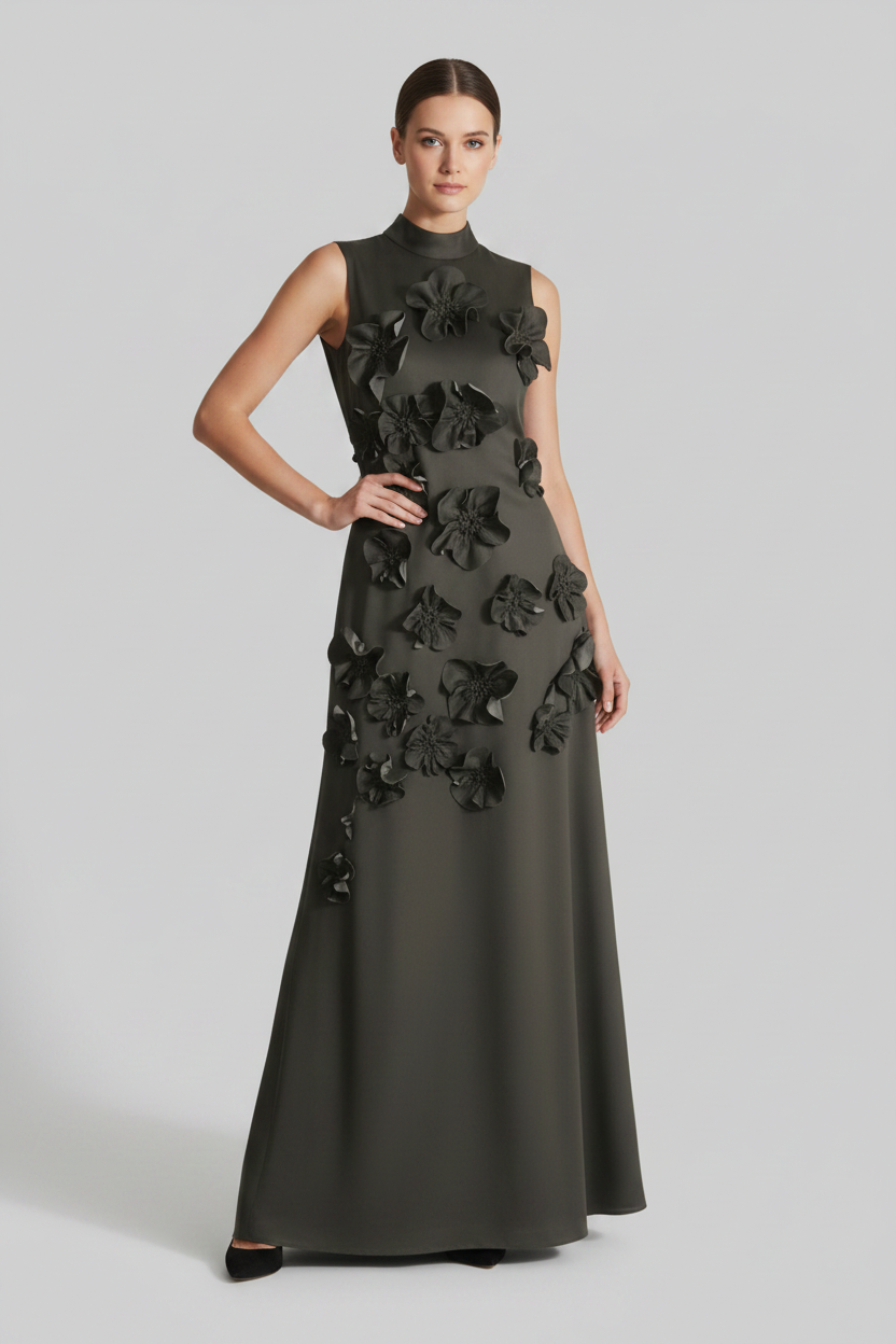 Black 3D Flower Sleeveless Maxi Dress