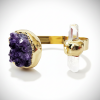 Natural Amethyst Drusy White Quartz Gold Cuff Bracelet