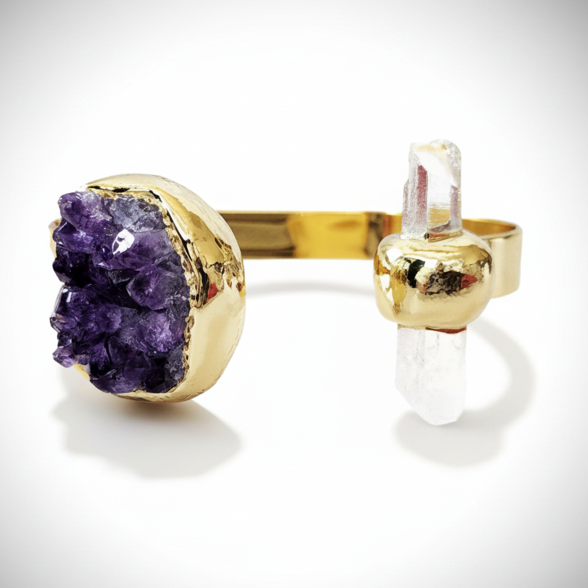 Natural Amethyst Drusy White Quartz Gold Cuff Bracelet