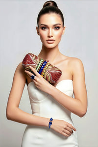 Red Multicolored Crystal Clutch Purse, Sterling Silver Sapphire Ring and Bracelet