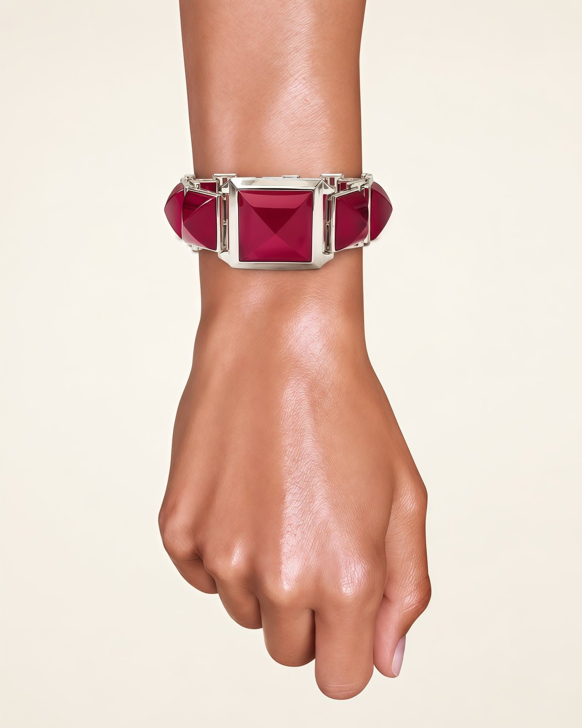 Sterling Silver Red Corundum Geometric Bracelet