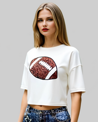 White Sequin Football Crop Top- Short Sleeve T-shirt