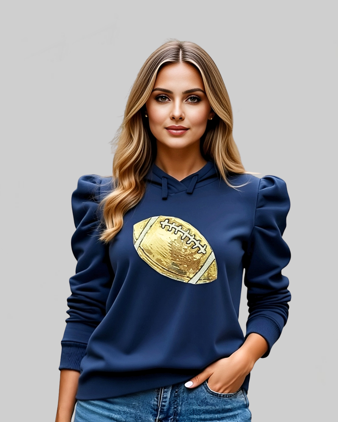 Navy Puffy Sleeve Gold Sequin Football Sweatshirt