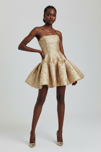 Gold Jacquard Strapless Party Dress