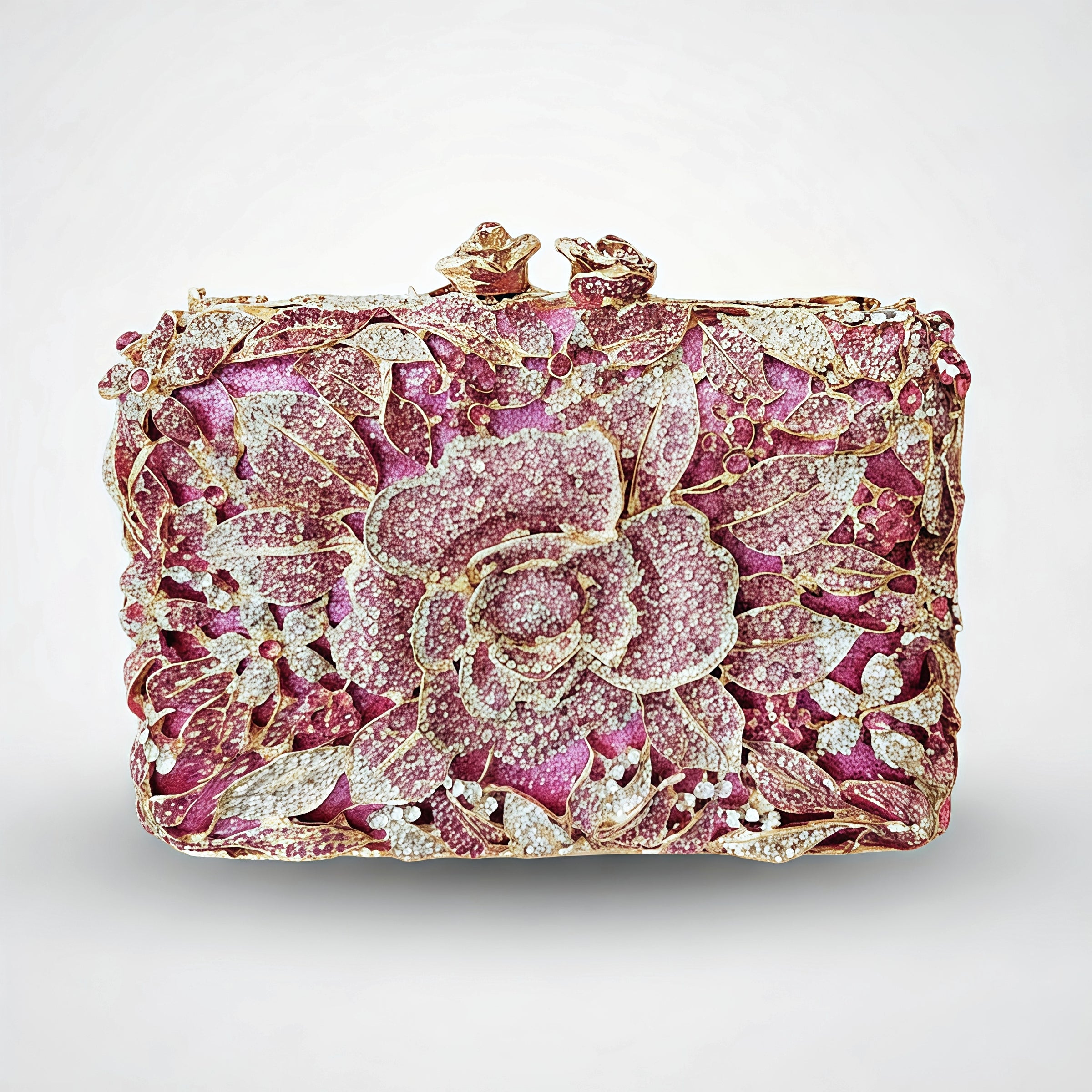 Pink and Gold Floral Crystal Clutch