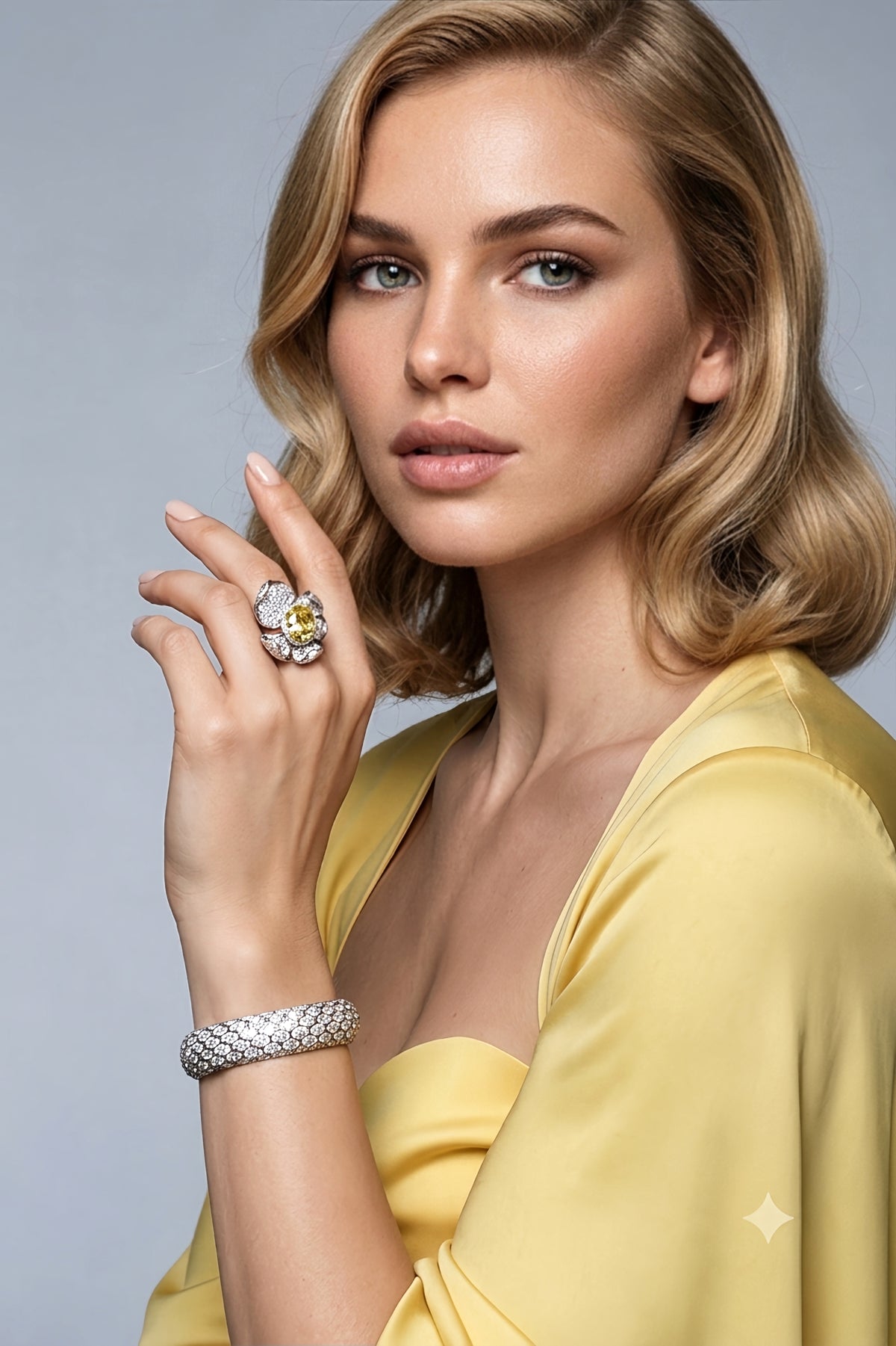 Sterling Silver Yellow Flower Ring and  Diamond Cuff Bracelet