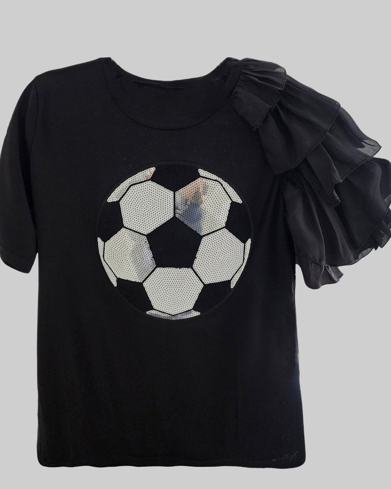 Black Sequin Soccer Ball Ruffle Sleeve T-shirt