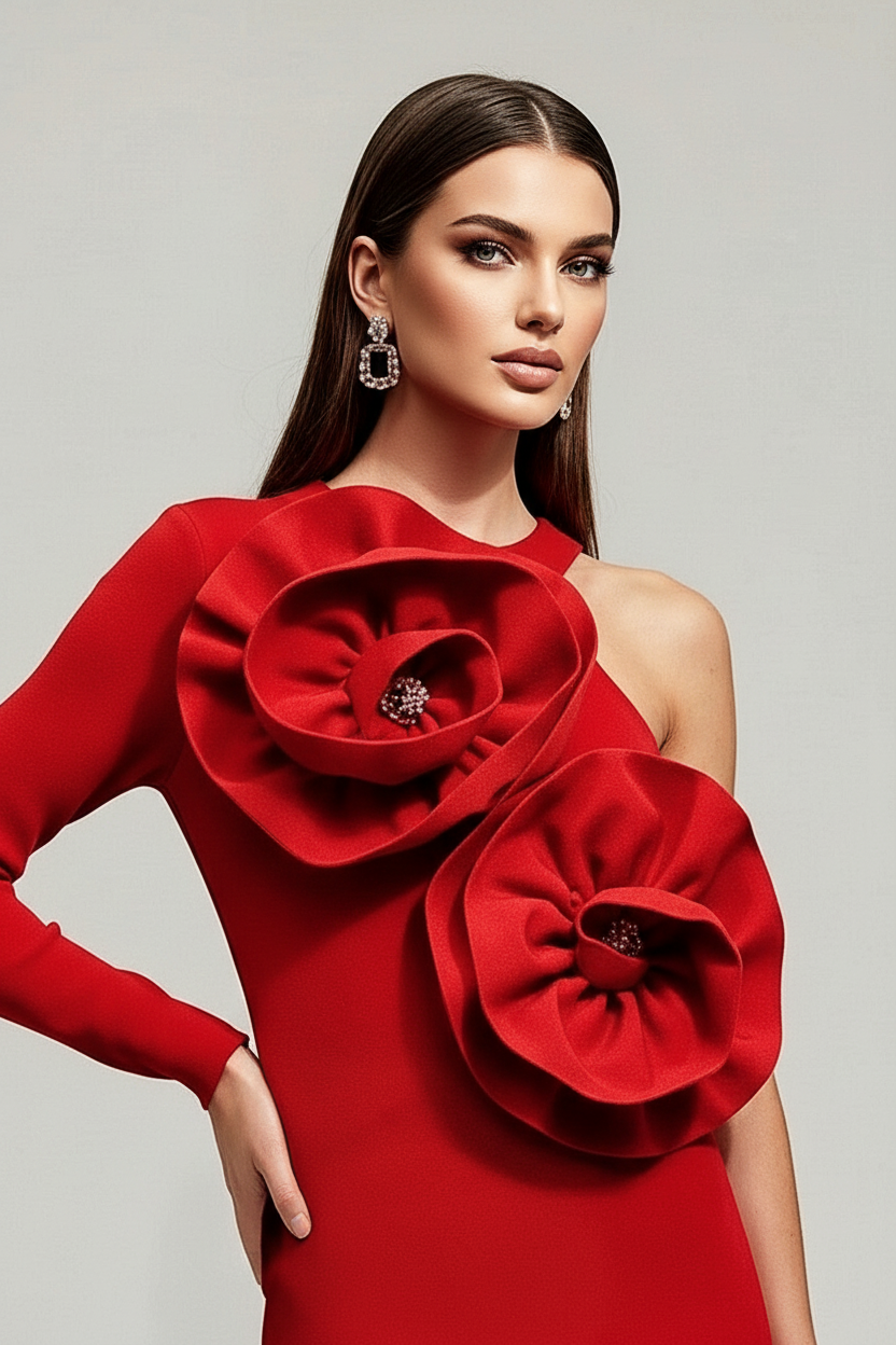 Red 3D Flower One Shoulder Dress