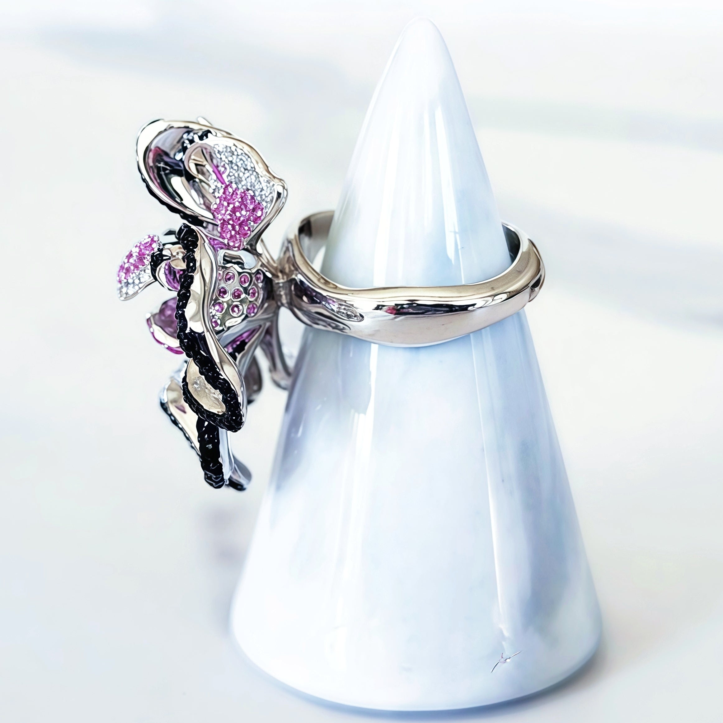 Sterling Silver Pink and Black Pave Flower Ring