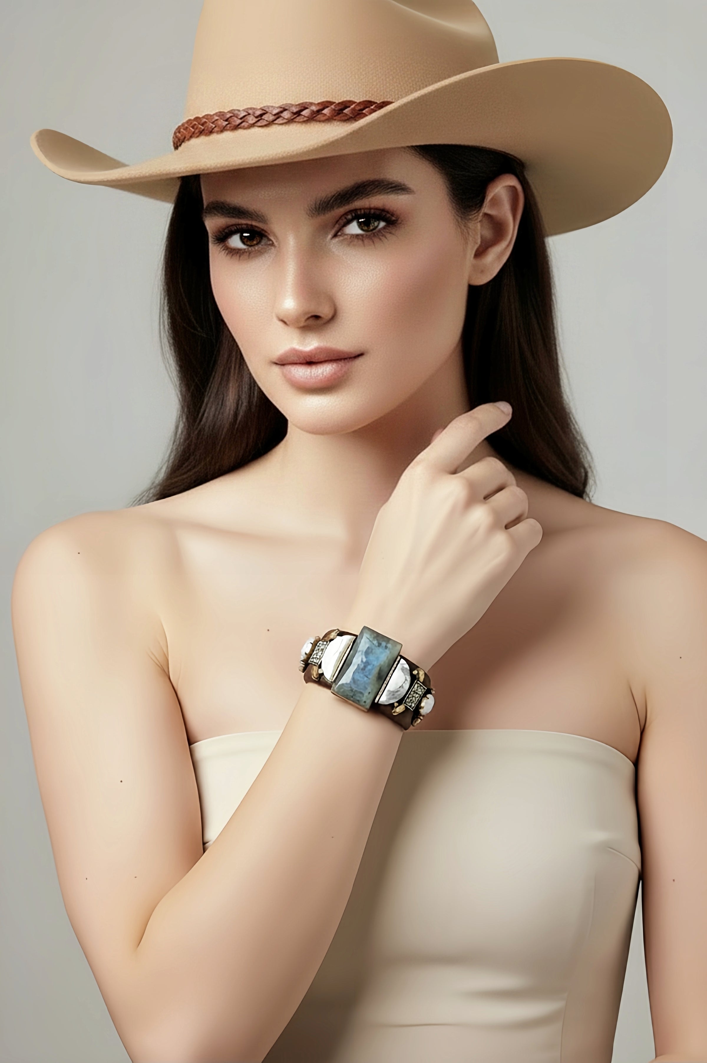 Brown Marble Embellished Cuff Bracelet