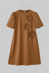 Tan 3D Spiral Flower Mini Dress
