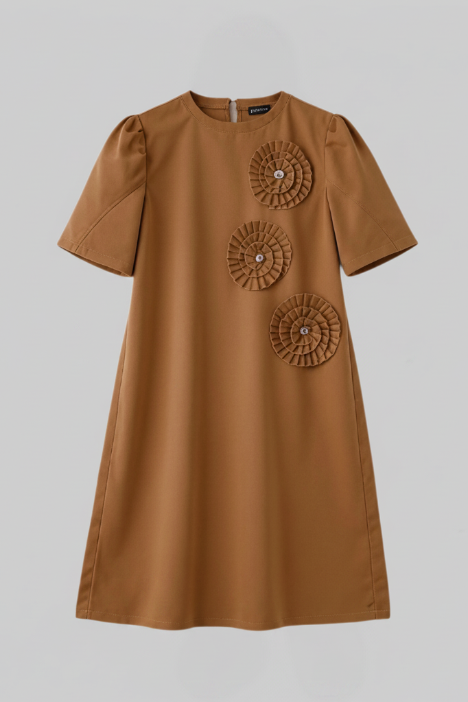 Tan 3D Spiral Flower Mini Dress