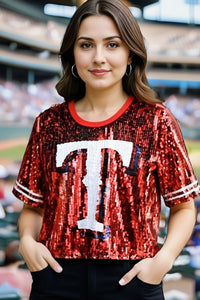 Texas Rangers Red Sequin Baseball Shirt