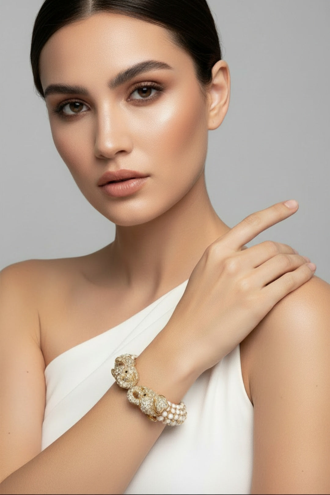 White Double Head Elephant Cuff Bracelet