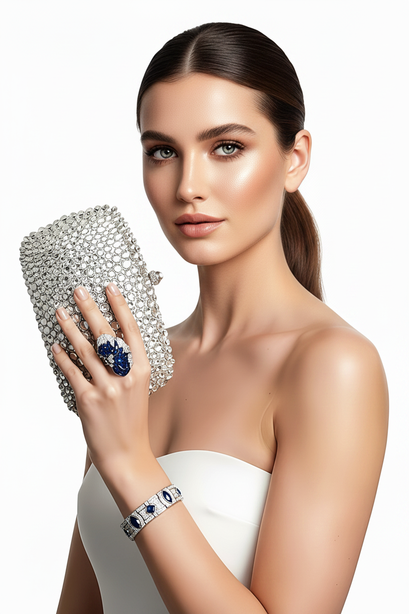 Silver Crystal Clutch Purse, Sterling Silver Half Butterfly Ring and Bracelet