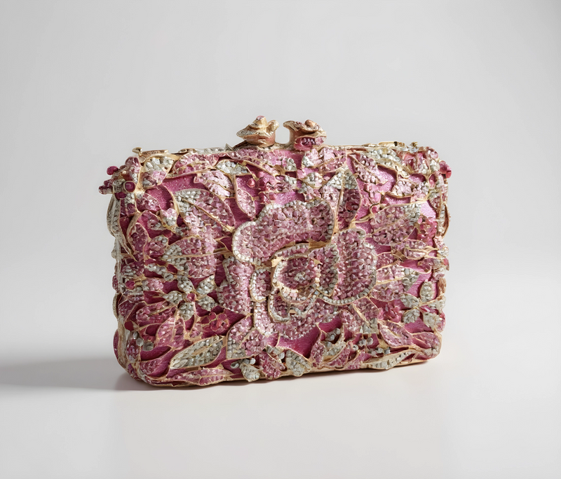 Pink and Gold Floral Crystal Clutch