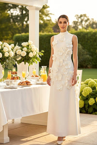White 3D Flower Sleeveless Maxi Dress