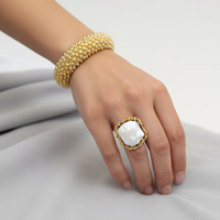 Goldtone Popcorn Cuff and Sterling Silver Gold Embellished Pearl Ring