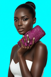 Fuchsia Pink Crystal Clutch, Sterling Silver Pave Orchid Ring and Earrings