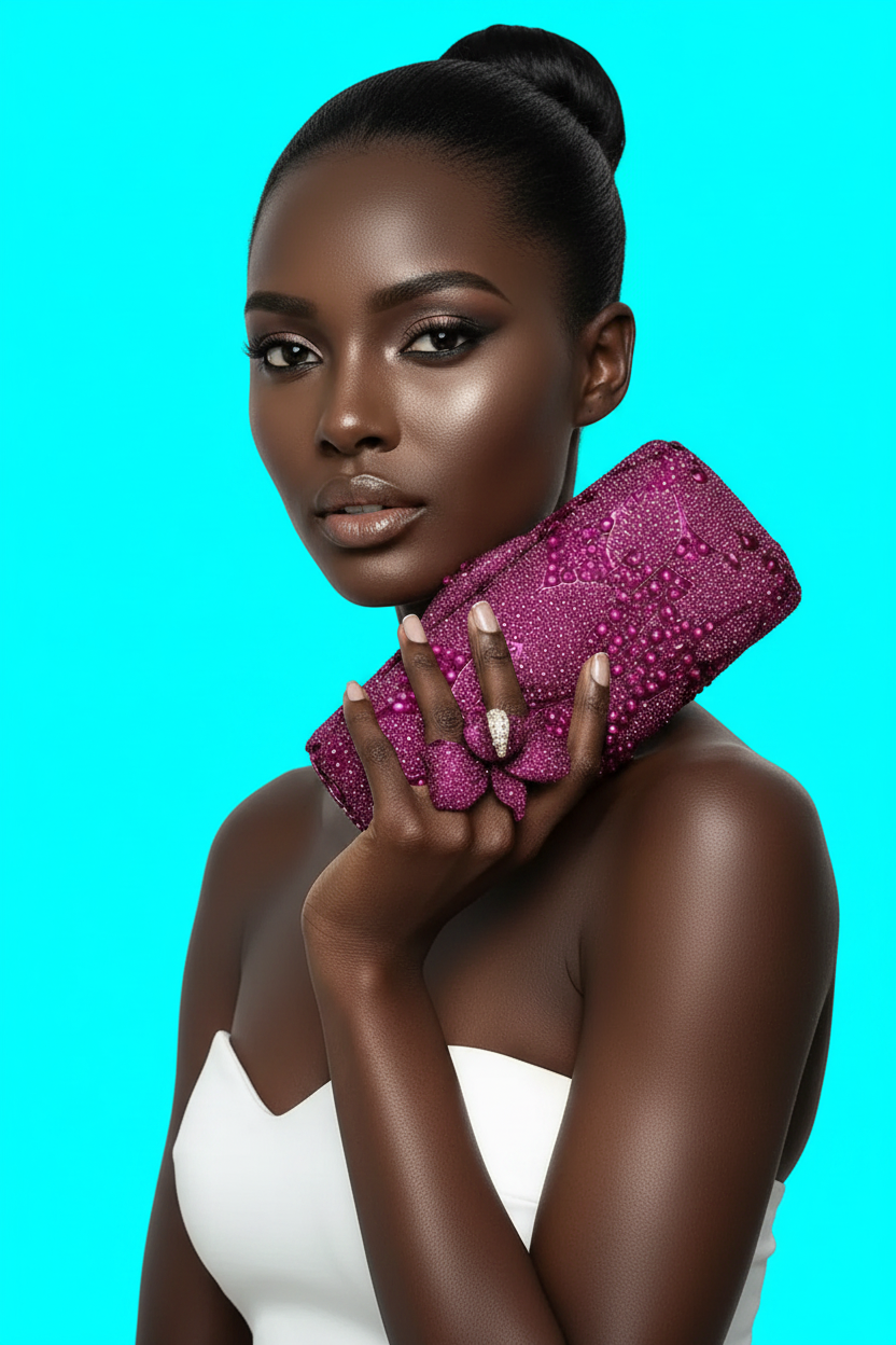 Fuchsia Pink Crystal Clutch, Sterling Silver Pave Orchid Ring and Earrings