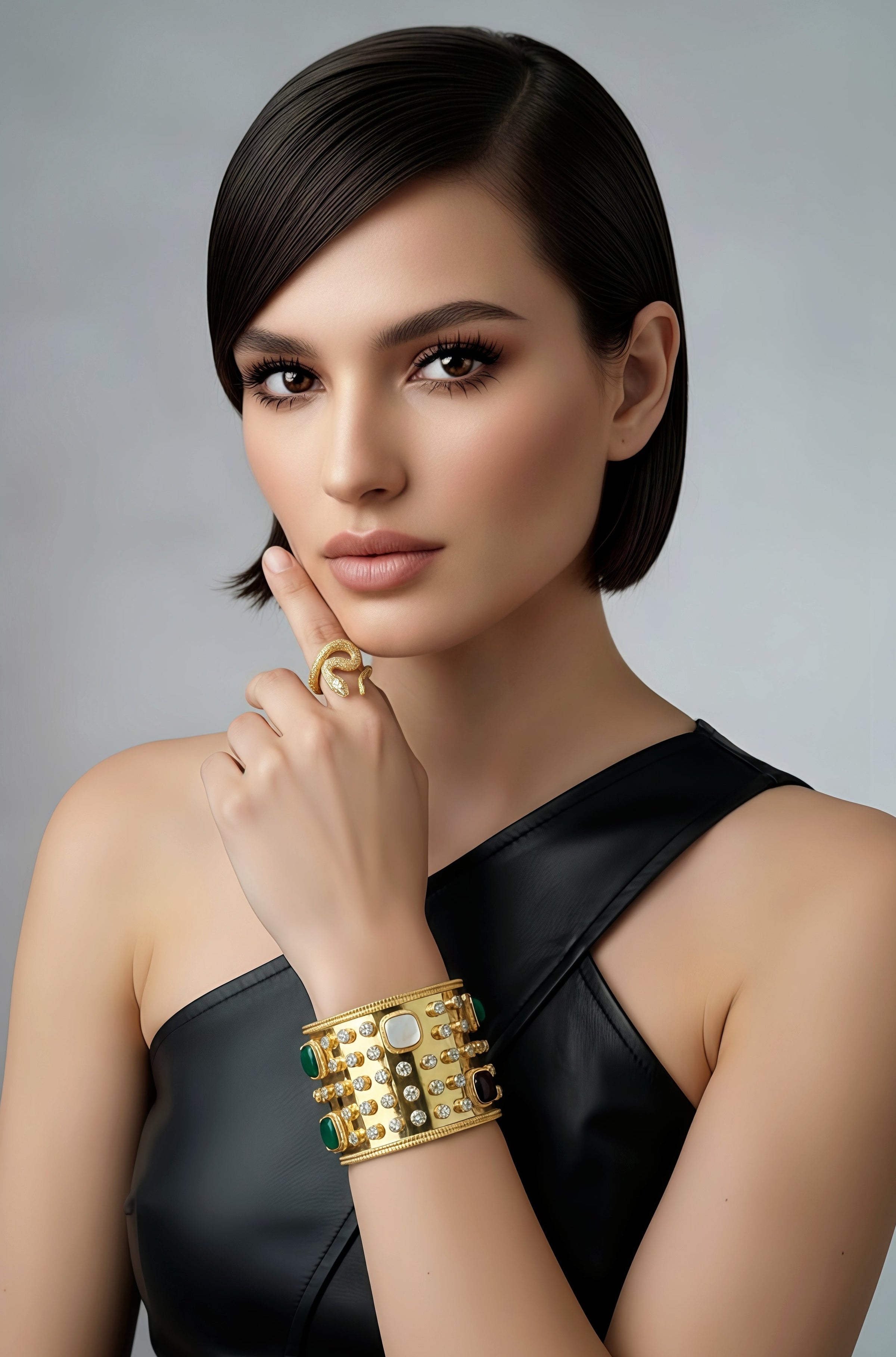 Pearl, Garnet and Quartz 18K Gold Plated Rivet Cuff and Gold Plated Snake Ring Combination